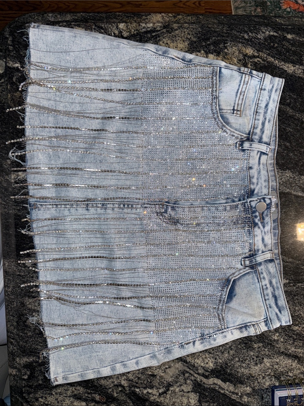 H&M Light Wash Denim Midi Skirt with Silver Sequins